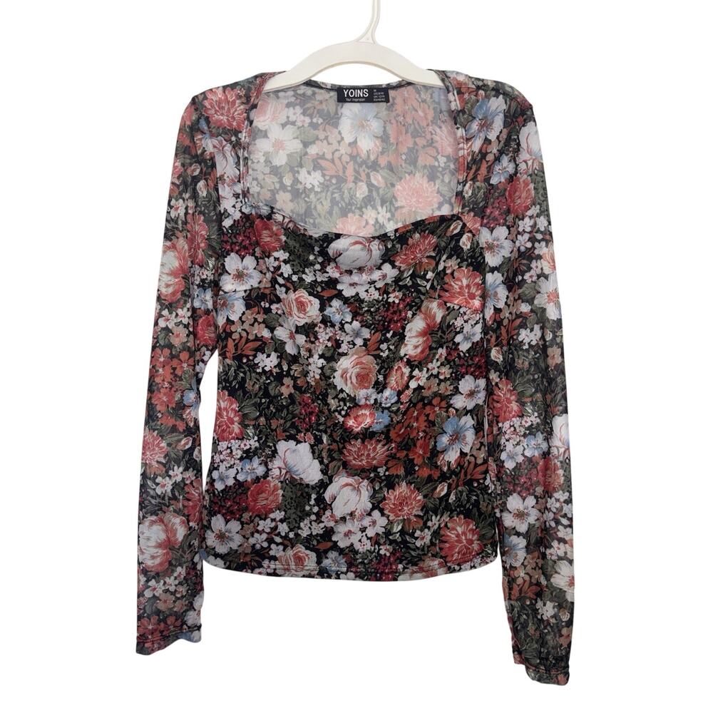 Dark Floral Mesh Long Sleeve Sheer Square Neck Top 8/10 Dark Fairy Garden